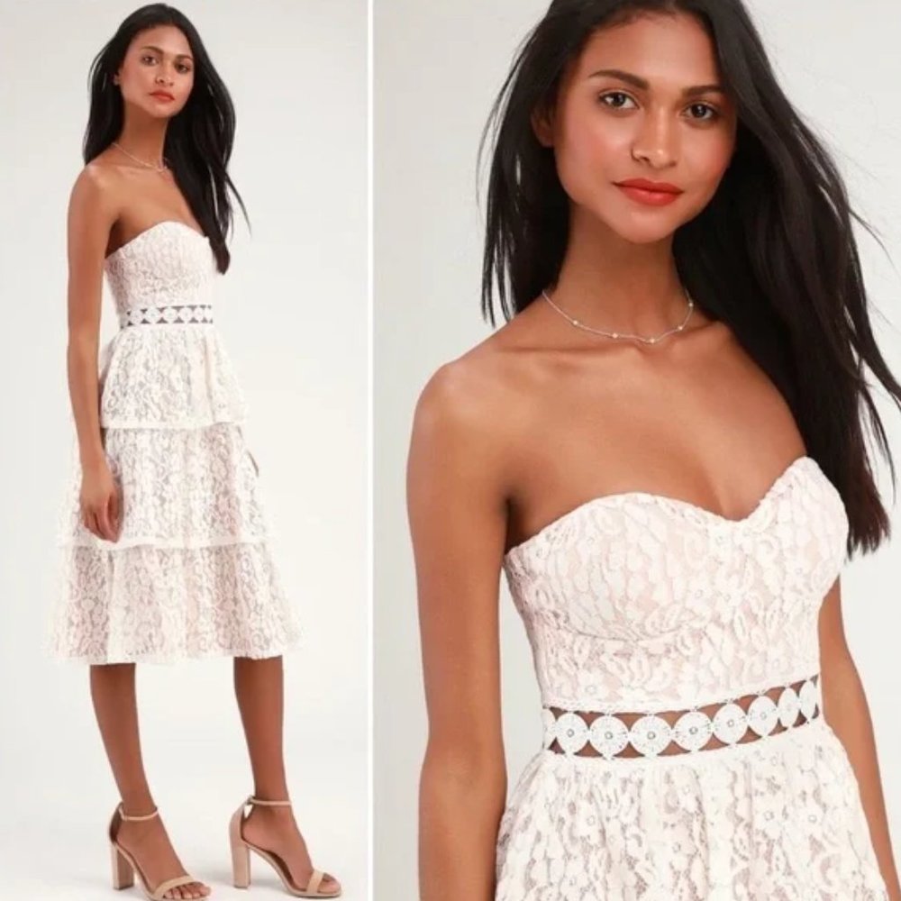 NWT ✨ Lulus - Adorn White Lace Strapless Midi Bridal Shower Dress - Size: S